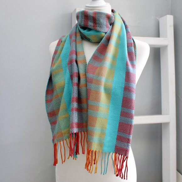 Cashmere Made in Germany Multicolor Colorful Plaid Neck Scarf With Fringe - Picture 2 of 4